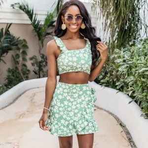 Pink Lily Meant To Be Two Piece Green Floral Set